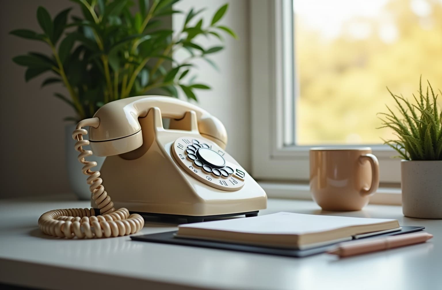 A phone and notebook on a tidy desk